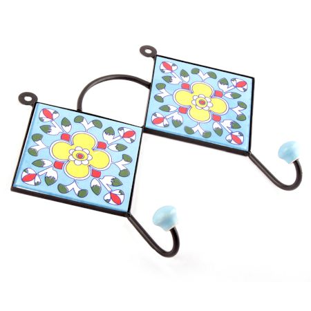 Turquoise Yellow Floral Tiles Hooks
